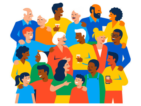Diverse community group of happy people, multicultural crowd of smiling men and women, inclusive society and social unity concept vector illustration