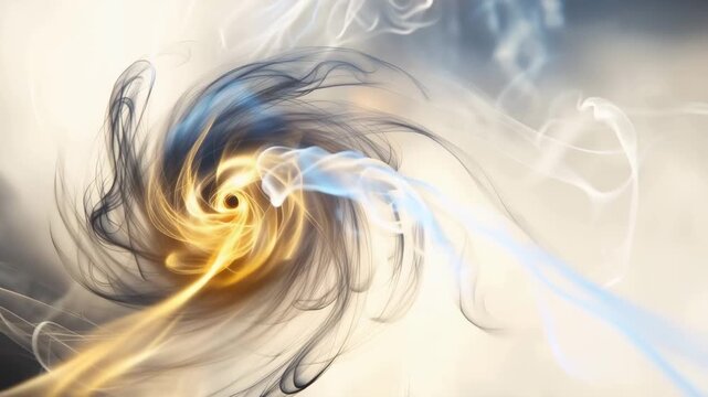 Abstract swirling smoke vortex with golden and blue light energy 4k video