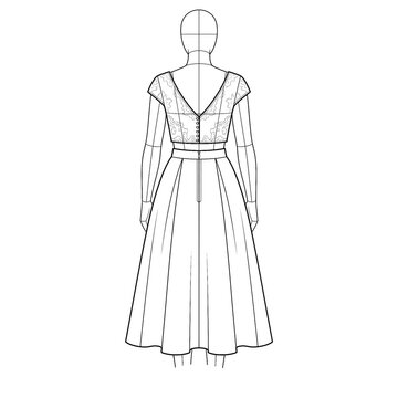 Hand drawn sketch of two-piece midi wedding dress Back isolated.