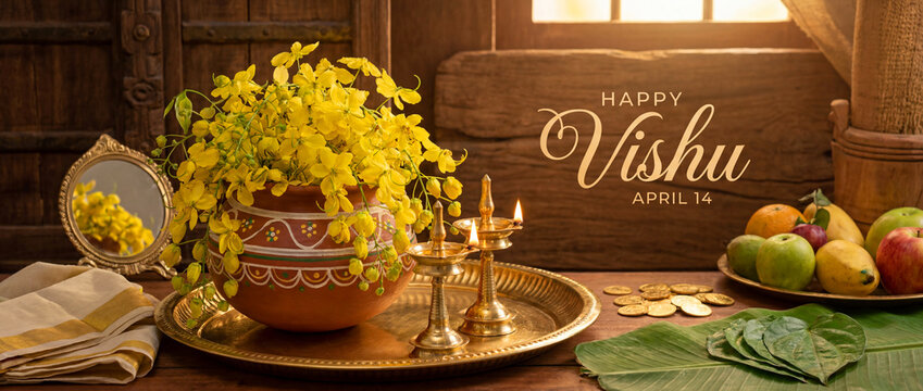 Happy Vishu Festival Celebration with Vishukkani, Konna Flowers, Oil Lamps and Fruits