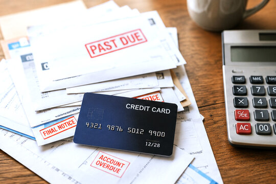 Credit card on overdue bills with past-due and final notice stamps beside a calculator
