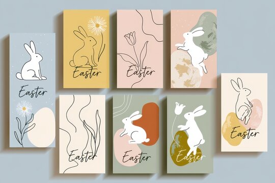 Set of aesthetic easter greeting card templates with bunnies and flowers