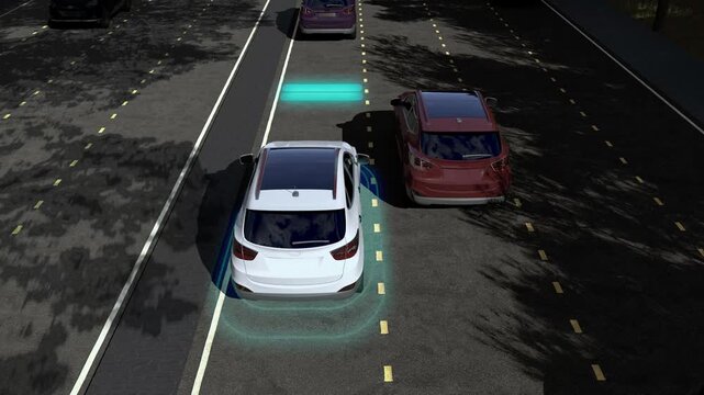 4K 3D animation of an autonomous vehicle using AI sensors to detect nearby cars, demonstrating advanced driver assistance and collision avoidance.
