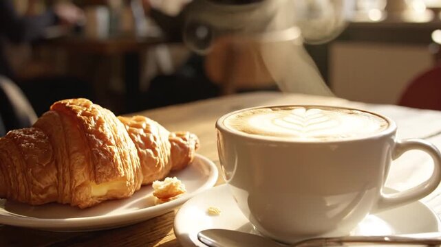 Steaming cup of latte coffee and fresh croissant on a wooden cafe table