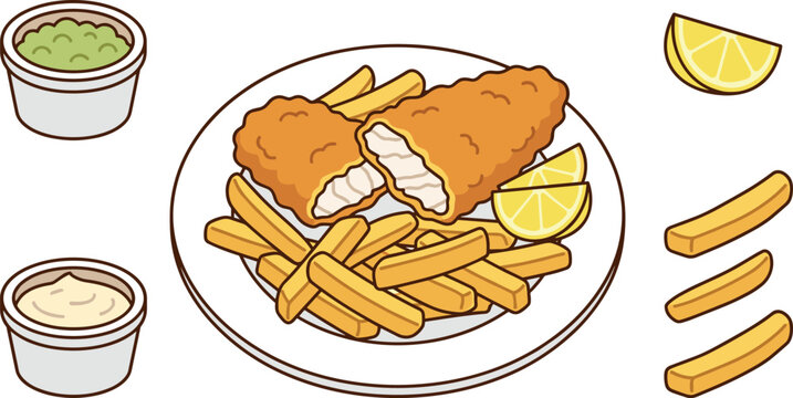 Fish and chips vector set with mushy peas tartar sauce lemon wedges and golden french fries