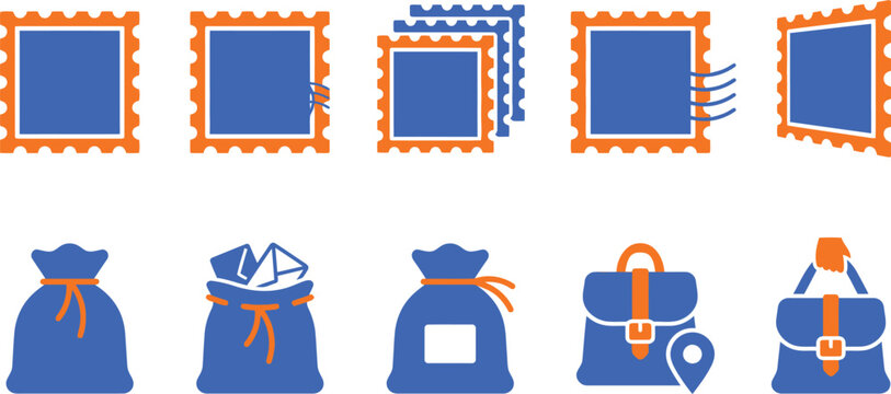 Set of blue and orange vector graphic icons featuring postage stamps mail bags and leather briefcases for professional postal service communication and modern logistics design