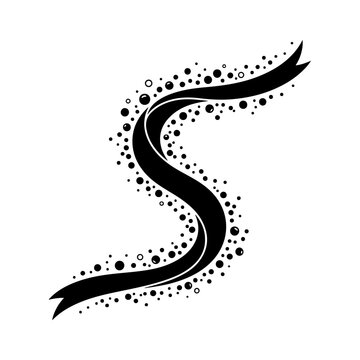Abstract S letter ribbon design. Elegant flowing wave shape with decorative dot particles.