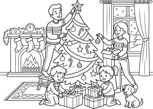 Festive family christmas coloring pages design detailed line art for kids and adults