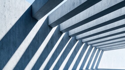Fototapeta premium Perspective view of a modern concrete architecture corridor with rhythmic geometric shadows and sunlight