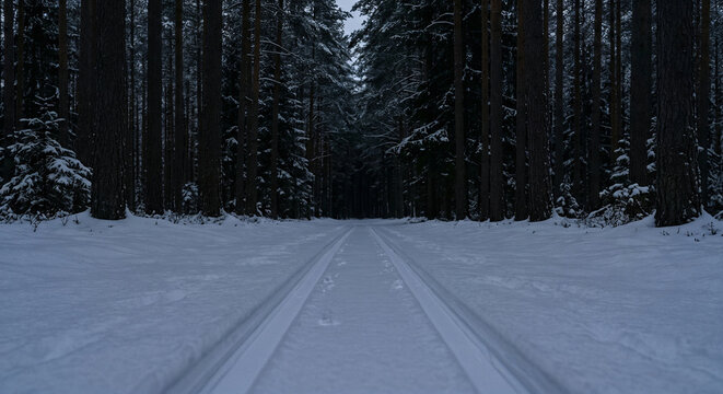 Low angle view of a snowy path cutting through a dark winter pine forest