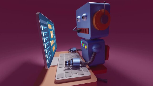 Futuristic artificial intelligence assistant operating a computer terminal. Cybernetic robot interacting with automated messaging interface, data analytics and cloud telemetry systems.