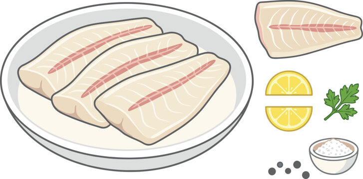 Raw white fish fillets vector set with lemon slices salt peppercorn and parsley on white background