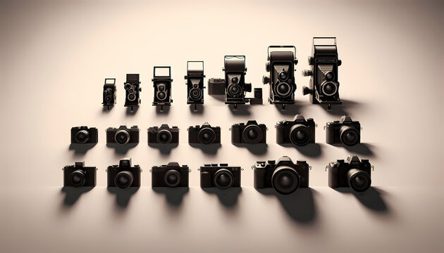 A chronological evolution of photography shown only through silhouettes, from Victorian large-format camera to folding camera, twin-lens reflex, rangefinder, DSLR, mirrorless camera and smartphone
