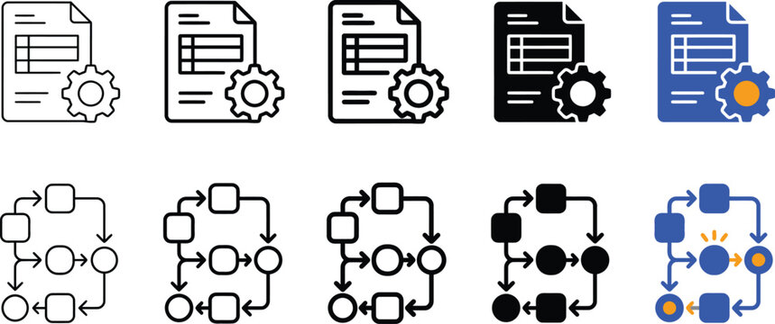 Professional vector illustration set featuring multiple document management icons and complex workflow process diagrams designed with clean lines and bold shapes for modern business interface projects