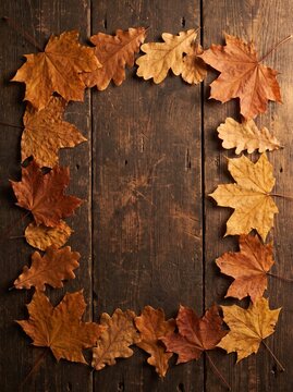 Autumn leaves border on rustic wooden table flat lay with copy space fall design