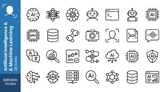 Artificial intelligence and machine learning icon set, 28 linear AI technology symbols, modern data science and robotics vector icons