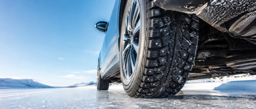Close-up of car wheel with studded winter tire driving on icy road in snowy banner format