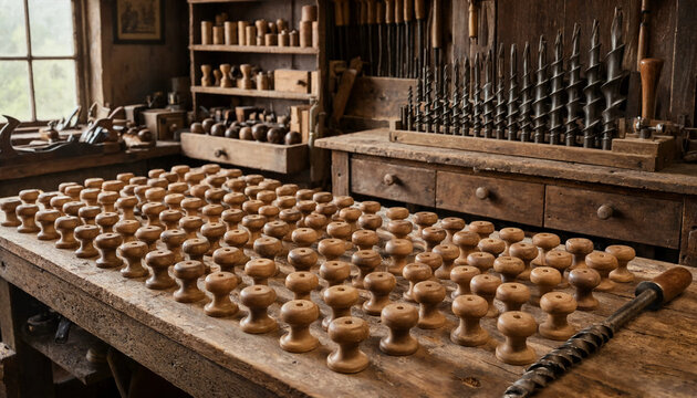 Workshop workbench covered with many small wooden knobs and various metal drill bits arranged in rows on a rustic wooden table in a studio