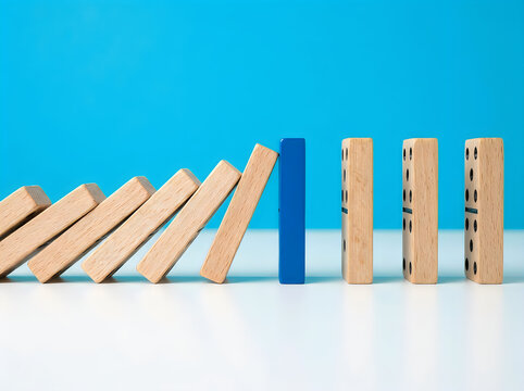 Colorful wooden domino blocks arranged with one blue block stopping the chain reaction