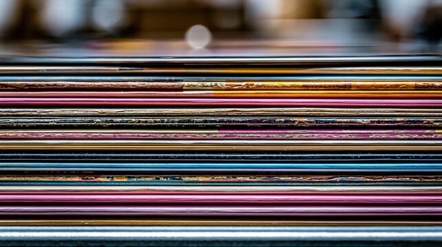 A close up side view of a stack of colorful vintage vinyl record sleeves resting in a horizontal pile