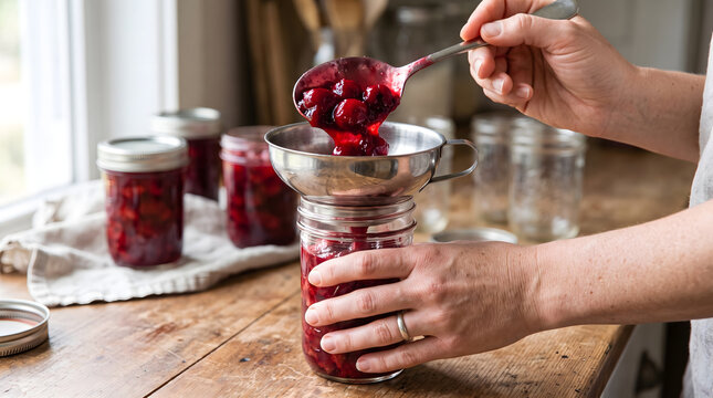 woman filling mason jar with homemade berry jam