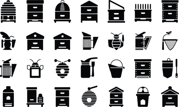 Beekeeping flat icons vector set apiary equipment for bee farm collection