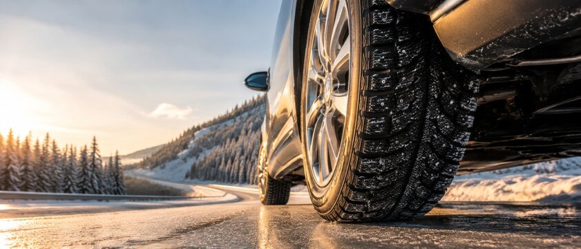 Close-up of car wheel with studded winter tire driving on icy road in snowy banner format