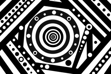 Laberinto hipnótico blanco y negro ilustración con círculos, bicromático cuadrados, puntos y rayas gráfico artístico psicodélico blanquinegro alucinógeno © Diego
