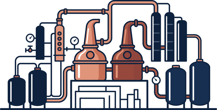 Industrial distillery equipment with copper stills and pipes for alcohol production in a manufacturing facility