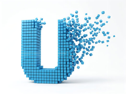 Creative threedimensional letter U formed by blue cubes exploding into smaller pieces