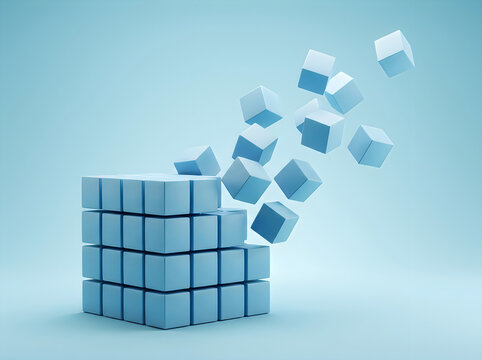 Creative stacked blue cubes falling in an artistic and modern design concept for backgrounds