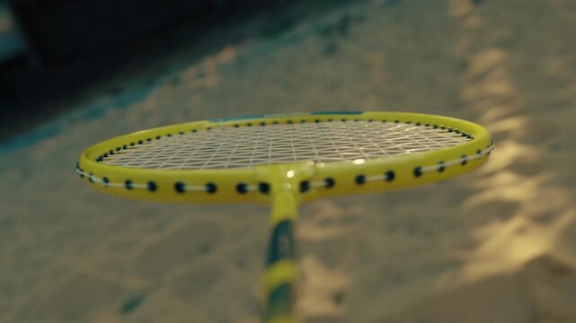 Badminton racket hitting a shuttlecock, racket sports close-up action POV point of view shot