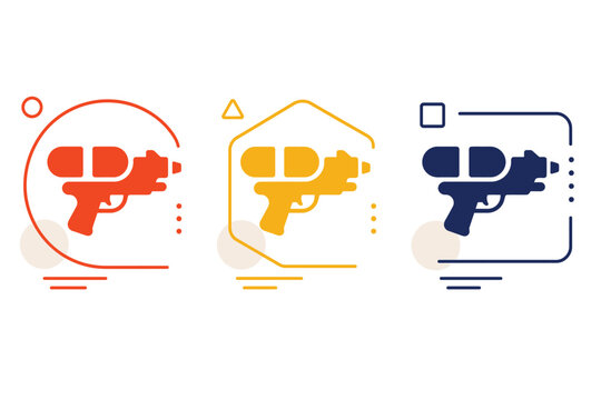 Water gun icon set features three vibrant color variations for summer leisure and play concepts.