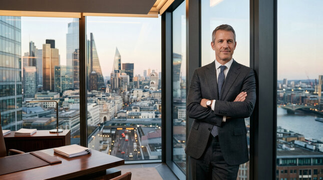 Powerful Mature Male Venture Capitalist in Tailored Suit Standing in High End Office