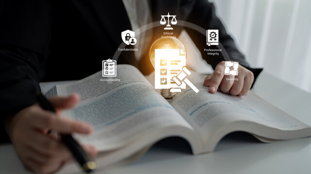 This image showcases a legal professional reviewing a book with symbols representing core principles of ethics and compliance, highlighting the essential values in modern legal practice. Ledger