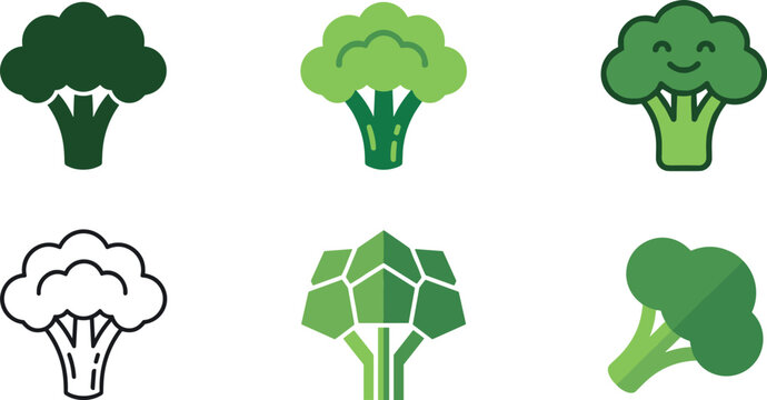 Fresh green broccoli icon set featuring minimalist silhouettes, cute cartoon character smile, low poly geometric shapes, and linear outlines for healthy nutrition grocery designs