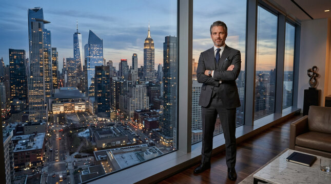 Powerful Mature Male Venture Capitalist in Tailored Suit Standing in High End Office