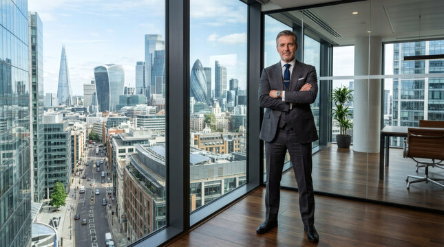 Powerful Mature Male Venture Capitalist in Tailored Suit Standing in High End Office
