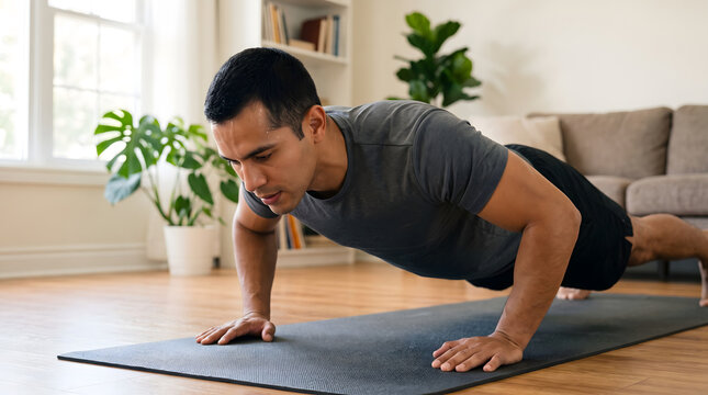 Man doing pushups at home on yoga mat