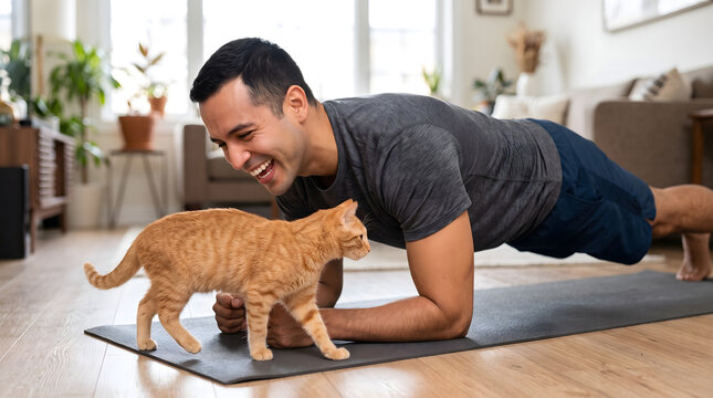 Man exercising with playful cat at home