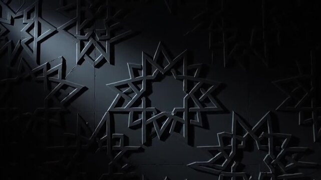 Dark islamic geometric pattern wall with rotating dramatic lighting