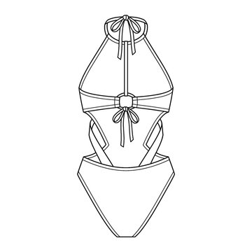 Hand drawn sketch of cutout monokini swimsuit back view.