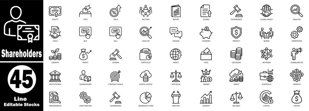 Business shareholder line icons for corporate governance and analysis. Editable Stocks. Vector Illustration.