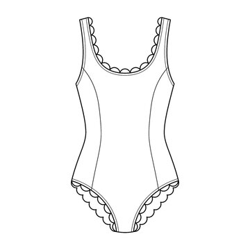 Hand drawn sketch of scalloped edge one piece swimsuit front view.