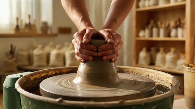 Potter shaping clay on a spinning wheel. Artisan molding ceramic vessel in workshop studio.