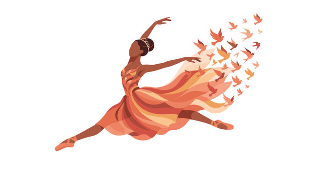 Elegant ballerina in flowing dress performing leap with flying feathers