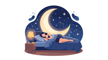 Naklejka premium Illustration of a woman sleeping peacefully in bed under a starry night sky with moon and clouds