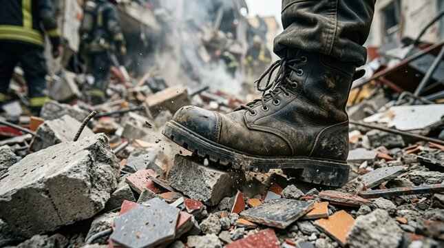 Heavy black work boot stepping on debris at a disaster site, with scattered rubble and emergency responders visible in the blurred background