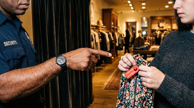 Security personnel in a retail store points at a woman holding a floral garment with a security tag, showcasing a clothing display in the background