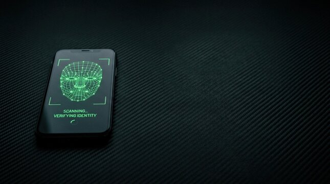 Smartphone displaying facial recognition interface with green scanning graphic on screen, placed on textured black surface, emphasizing technology and security features